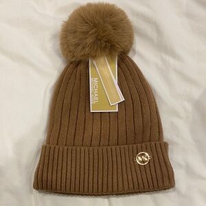Michael Kors Tan Knit Beanie with Pom-Pom